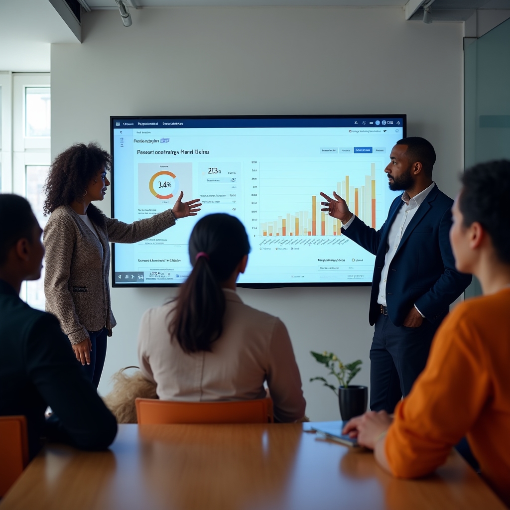 Content strategy team reviewing pipeline attribution data on a large screen